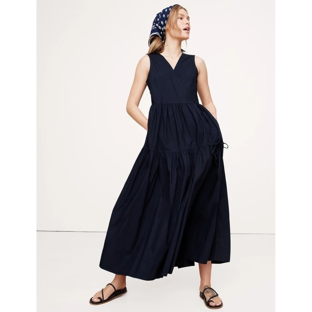 Banana Republic Poplin Wrap Maxi Dress Navy Sleeveless Side Ties Size L Preppy